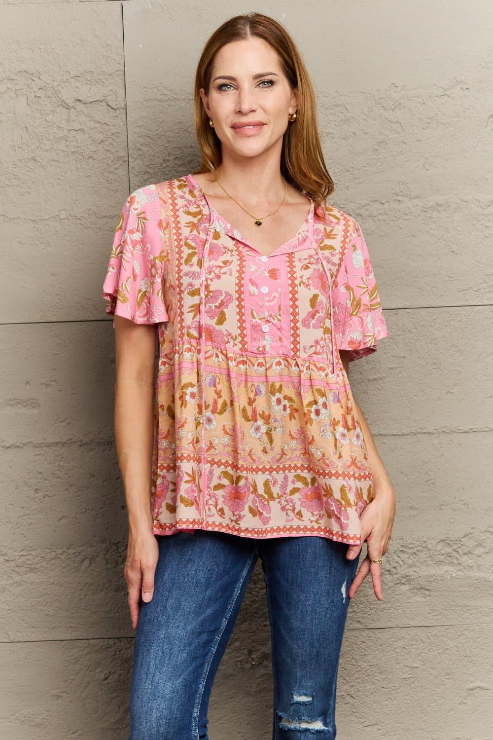 Bohemian Tie-Neck Flutter Sleeve Blouse - SwagglyLife Home & Fashion
