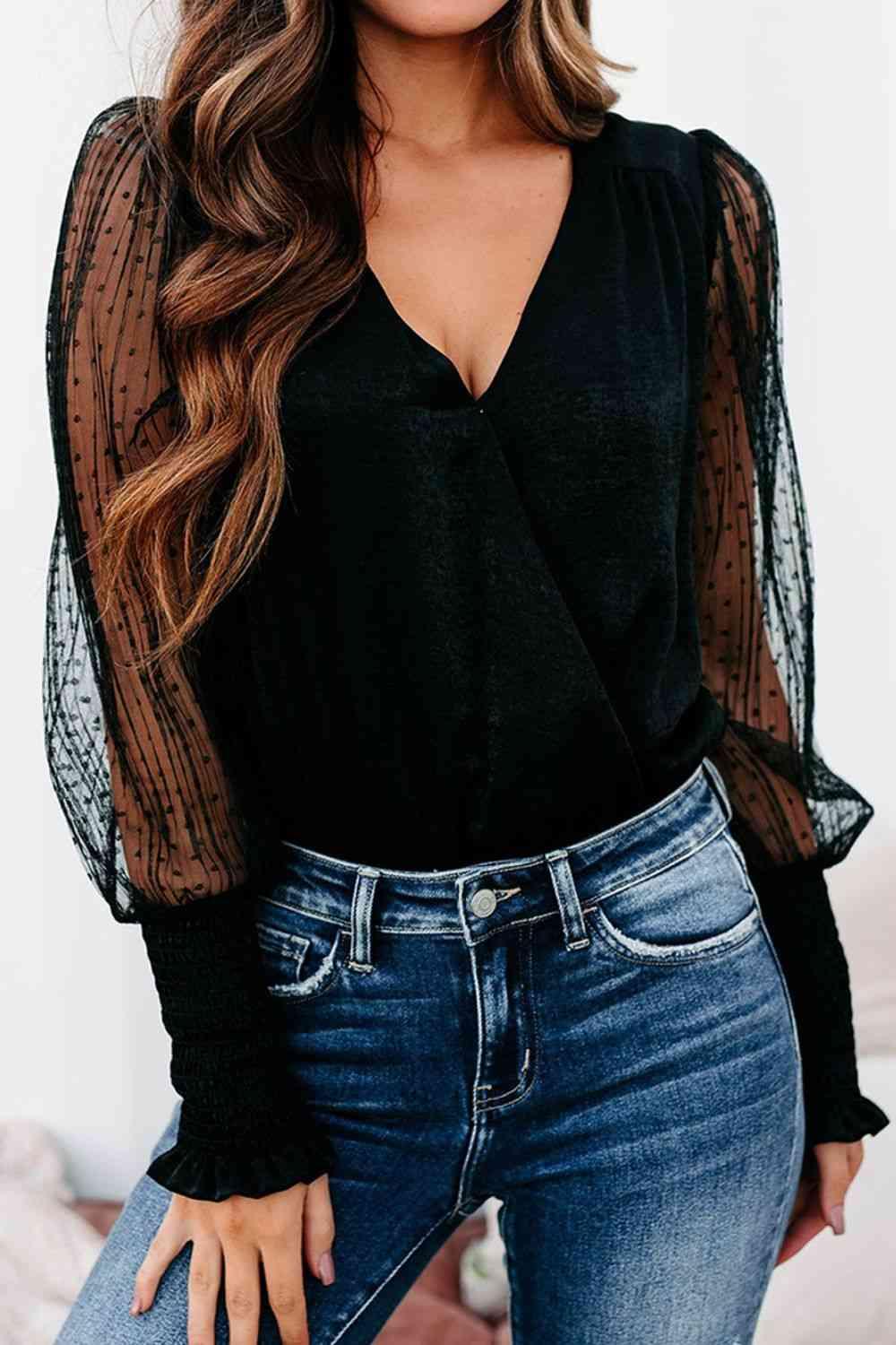 Ariana V-Neck Balloon Sleeve Bodysuit - SwagglyLife Home & Fashion