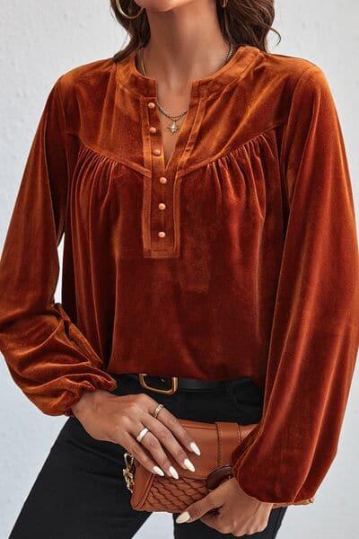 Ashley Ruched Decorative Button Notched Blouse - SwagglyLife Home & Fashion