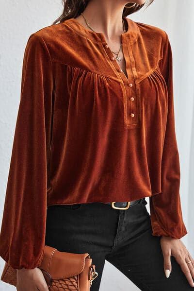 Ashley Ruched Decorative Button Notched Blouse - SwagglyLife Home & Fashion