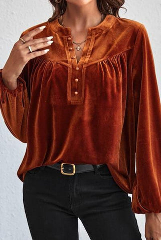 Ashley Ruched Decorative Button Notched Blouse - SwagglyLife Home & Fashion