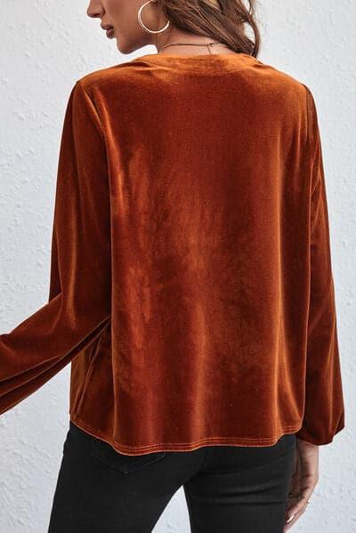 Ashley Ruched Decorative Button Notched Blouse - SwagglyLife Home & Fashion