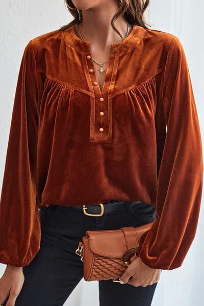 Ashley Ruched Decorative Button Notched Blouse - SwagglyLife Home & Fashion