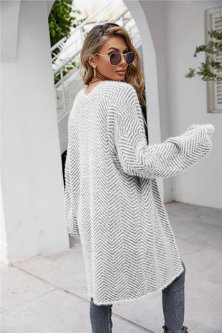 Aubrey Herringbone Pattern Open Front Longline Fuzzy Cardigan, 6 Colors - SwagglyLife Home & Fashion