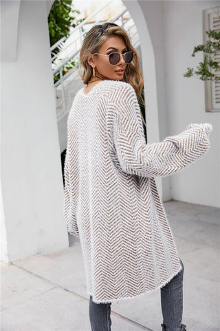 Aubrey Herringbone Pattern Open Front Longline Fuzzy Cardigan, 6 Colors - SwagglyLife Home & Fashion