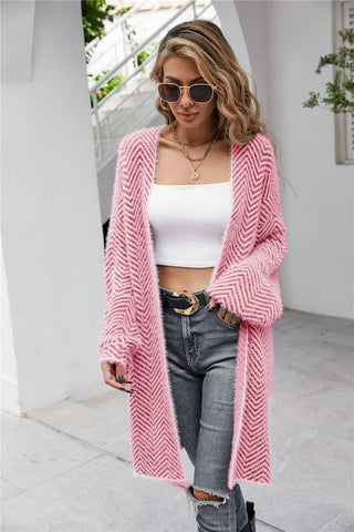 Aubrey Herringbone Pattern Open Front Longline Fuzzy Cardigan, 6 Colors - SwagglyLife Home & Fashion