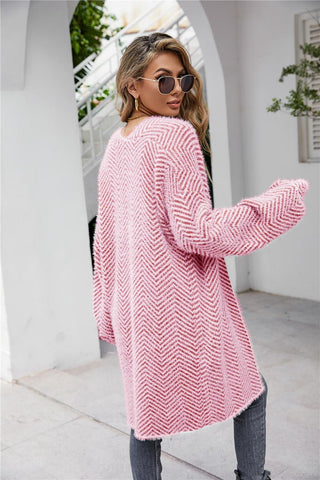 Aubrey Herringbone Pattern Open Front Longline Fuzzy Cardigan, 6 Colors - SwagglyLife Home & Fashion