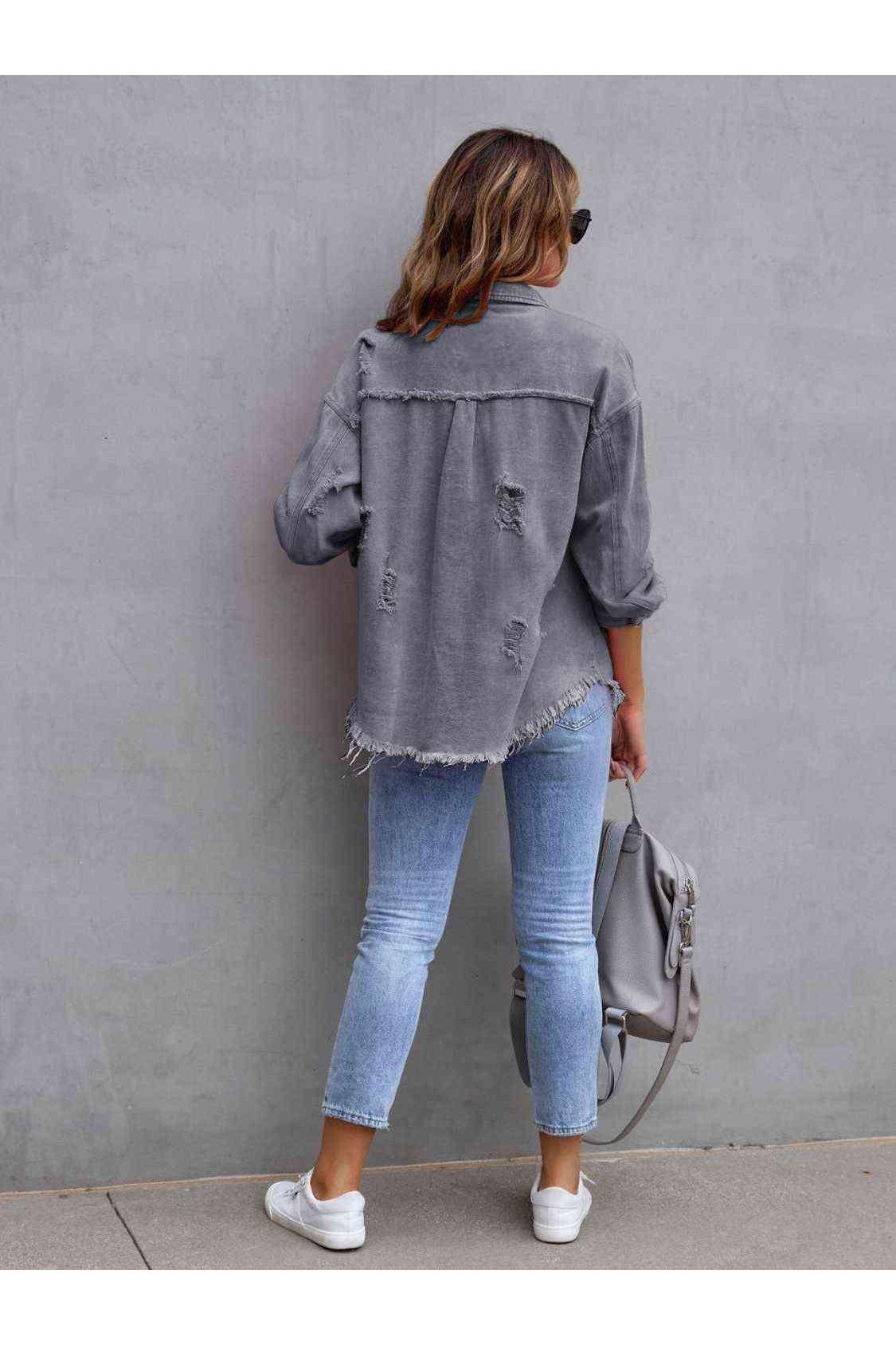 Distressed Drop Shoulder Denim Jacket - SwagglyLife Home & Fashion