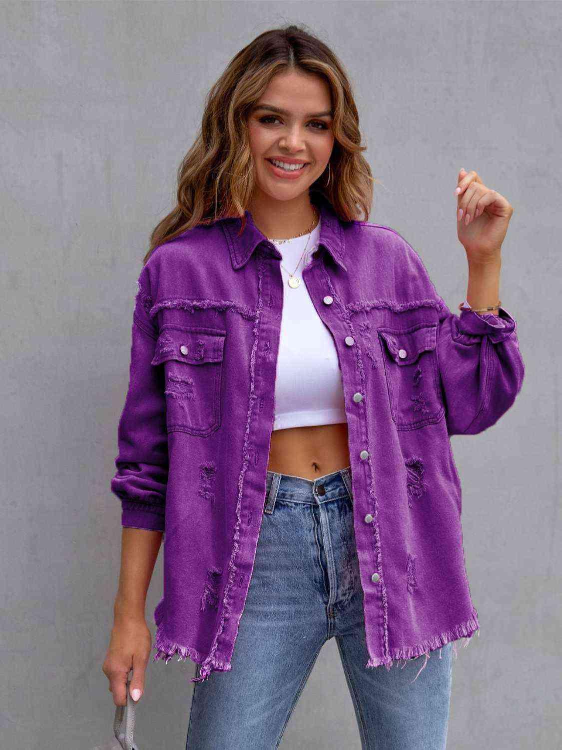 Distressed Drop Shoulder Denim Jacket - SwagglyLife Home & Fashion