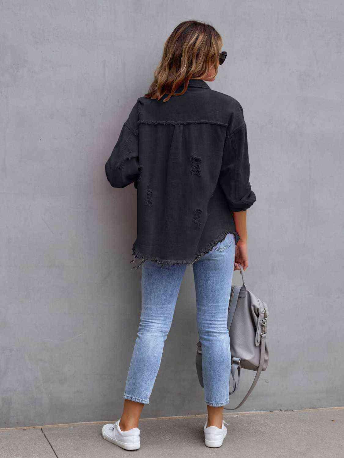 Distressed Drop Shoulder Denim Jacket - SwagglyLife Home & Fashion