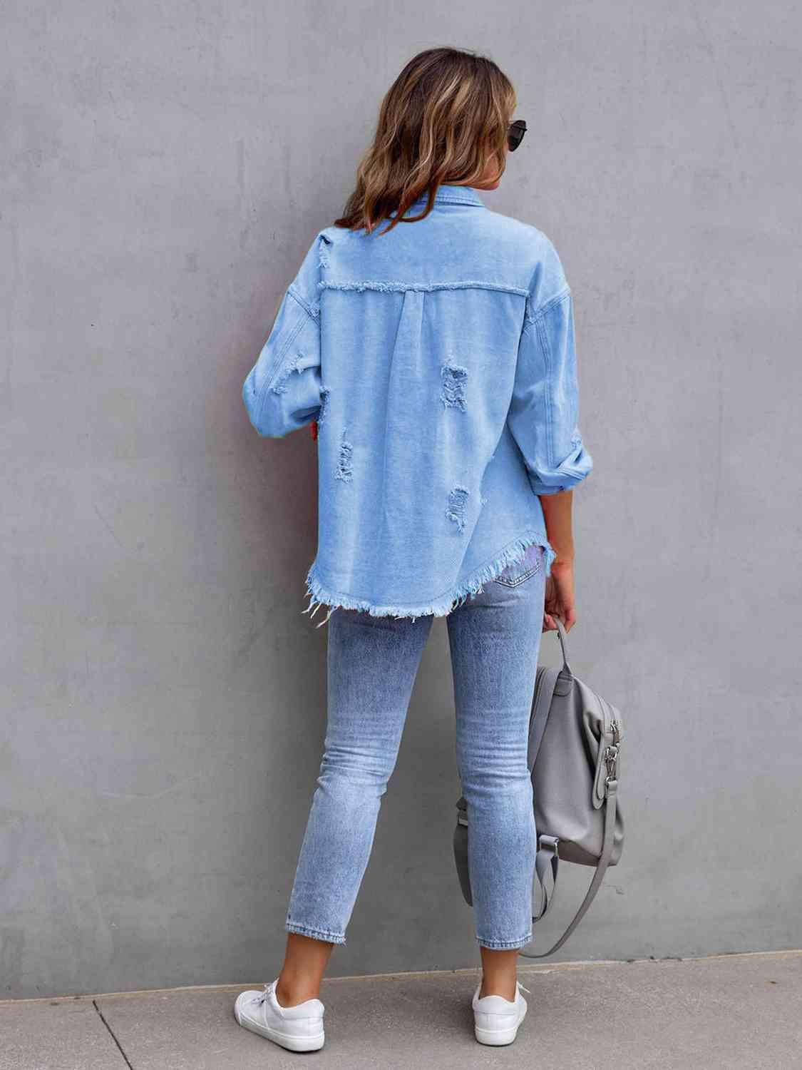 Distressed Drop Shoulder Denim Jacket - SwagglyLife Home & Fashion