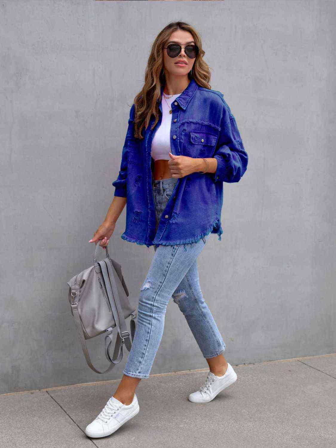 Distressed Drop Shoulder Denim Jacket - SwagglyLife Home & Fashion