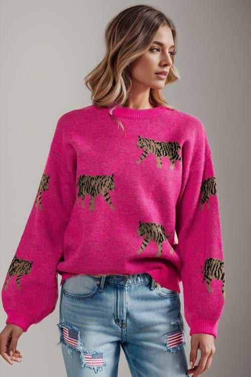 Avalynn Tiger Pattern Round Neck Drop Shoulder Sweater - SwagglyLife Home & Fashion