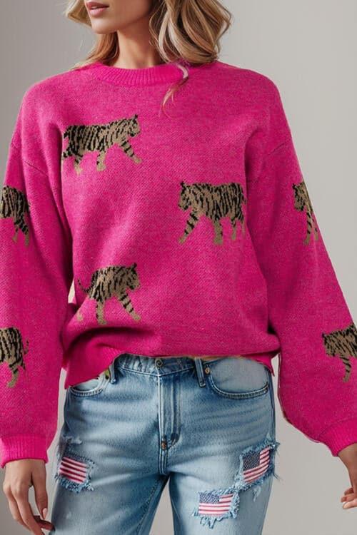 Avalynn Tiger Pattern Round Neck Drop Shoulder Sweater - SwagglyLife Home & Fashion