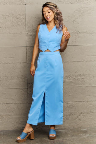 Azul V-Neck Vest and Slit Maxi Skirt Set - SwagglyLife Home & Fashion