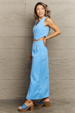 Azul V-Neck Vest and Slit Maxi Skirt Set - SwagglyLife Home & Fashion