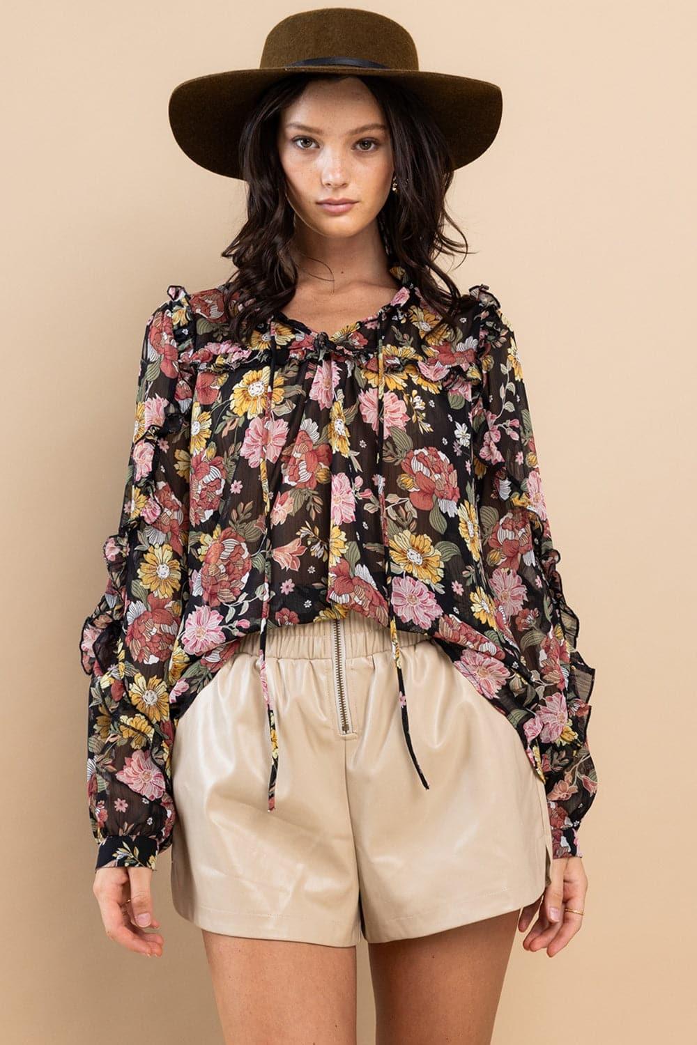 Ces Femme Ruffle Trim Long Sleeve Floral Blouse - SwagglyLife Home & Fashion