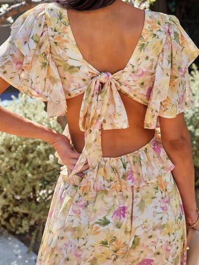 Backless Ruffled Floral V-Neck Dress - SwagglyLife Home & Fashion