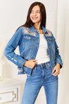 Baeful Leopard Floral Distressed Raw Hem Denim Jacket - SwagglyLife Home & Fashion