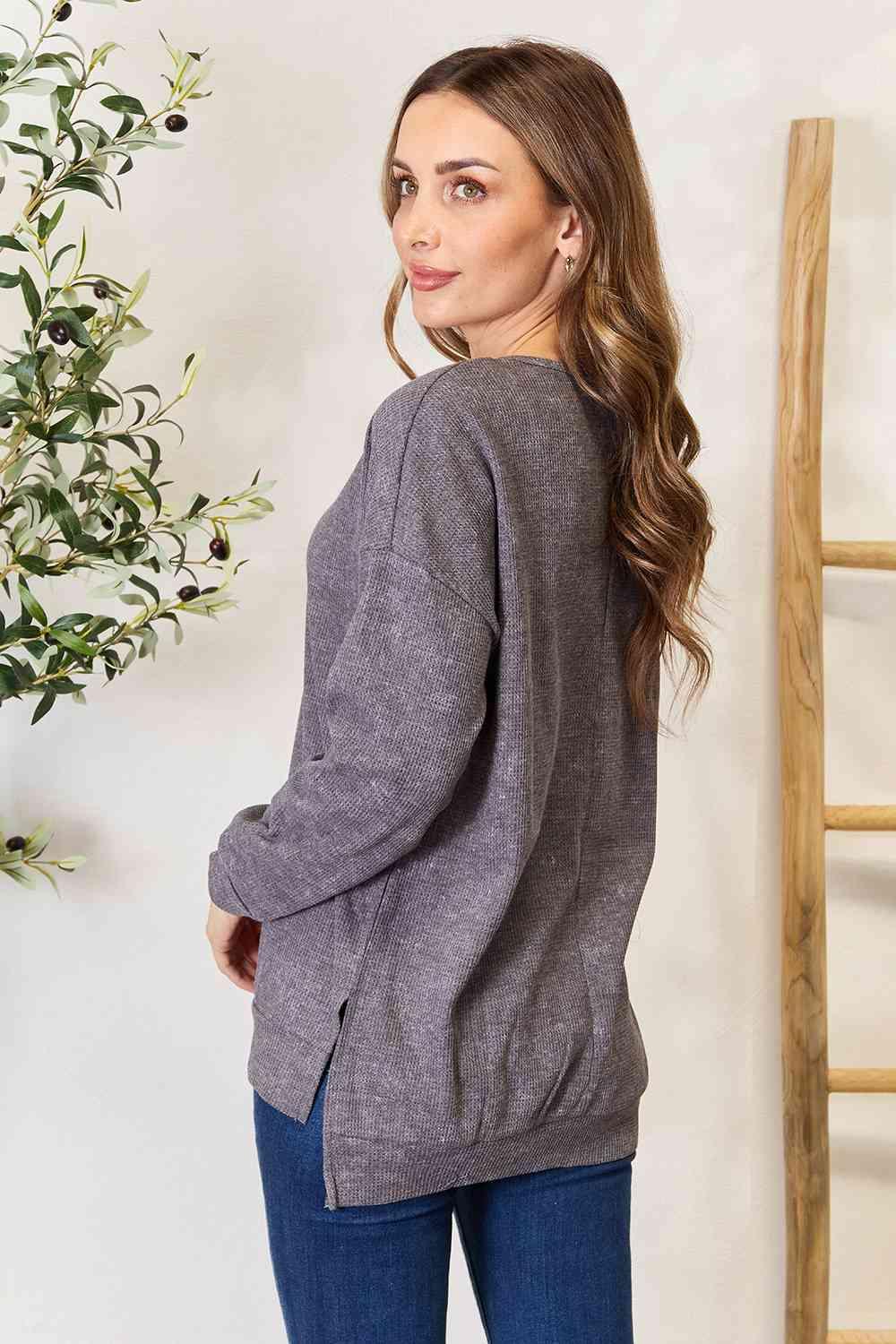 Basic Bae Round Neck Drop Shoulder Slit Sweatshirt - SwagglyLife Home & Fashion