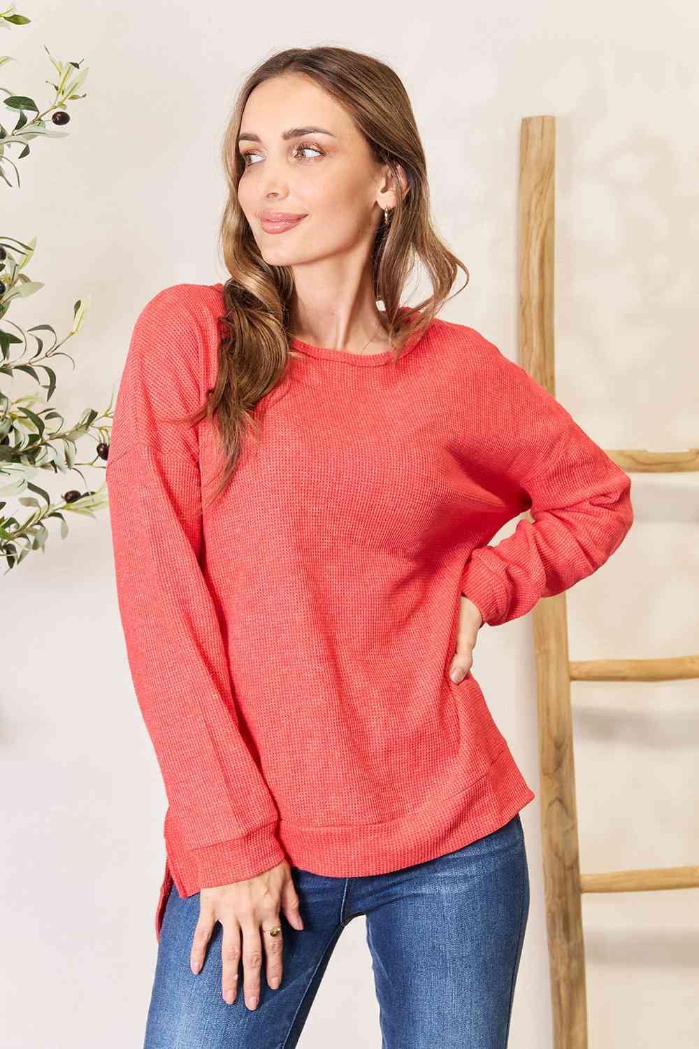 Basic Bae Round Neck Drop Shoulder Slit Sweatshirt - SwagglyLife Home & Fashion