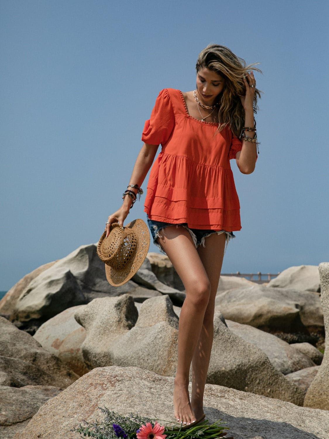 Beach Bound Peplum Square Neck Short Sleeve Blouse - SwagglyLife Home & Fashion
