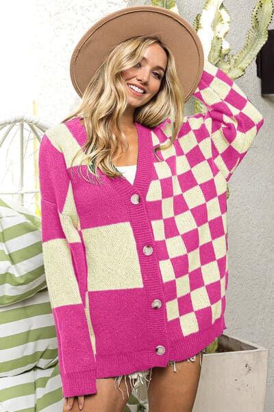 BiBi Button Up Checkered Contrast Cardigan - SwagglyLife Home & Fashion
