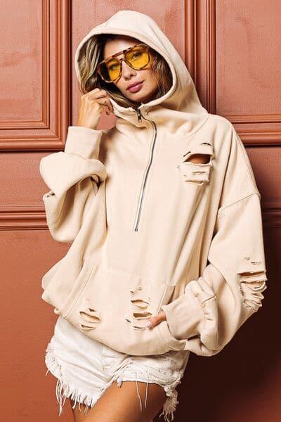 BiBi Laser Cut Long Sleeve Half Zip Hoodie - SwagglyLife Home & Fashion