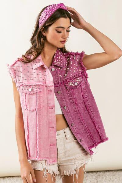 BiBi Pearl & Rhinestone Decor Contrast Raw Hem Vest Coat - SwagglyLife Home & Fashion