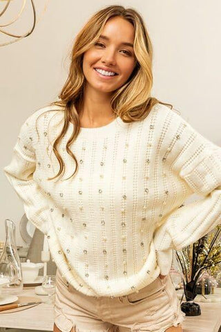 BiBi Pearl & Rhinestone Decor Long Sleeve Sweater - SwagglyLife Home & Fashion