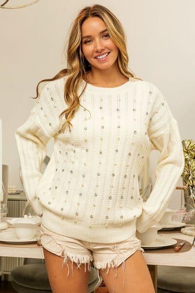 BiBi Pearl & Rhinestone Decor Long Sleeve Sweater - SwagglyLife Home & Fashion