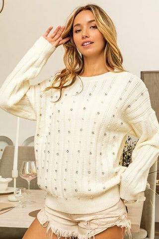 BiBi Pearl & Rhinestone Decor Long Sleeve Sweater - SwagglyLife Home & Fashion