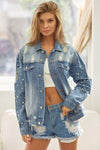 BiBi Pearl Detail Distressed Button Up Denim Jacket - SwagglyLife Home & Fashion