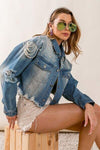 BiBi Pearl Detail Distressed Cropped Denim Jacket - SwagglyLife Home & Fashion