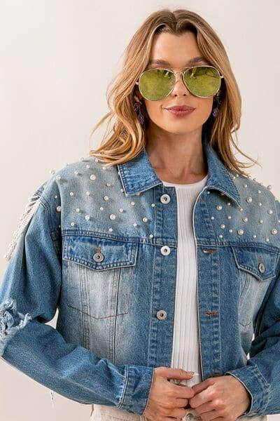 BiBi Pearl Detail Distressed Cropped Denim Jacket - SwagglyLife Home & Fashion