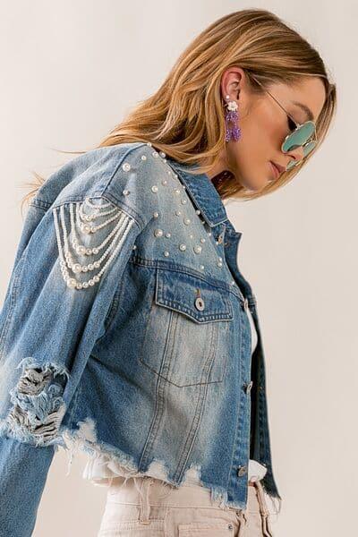 BiBi Pearl Detail Distressed Cropped Denim Jacket - SwagglyLife Home & Fashion