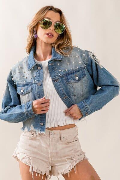 BiBi Pearl Detail Distressed Cropped Denim Jacket - SwagglyLife Home & Fashion