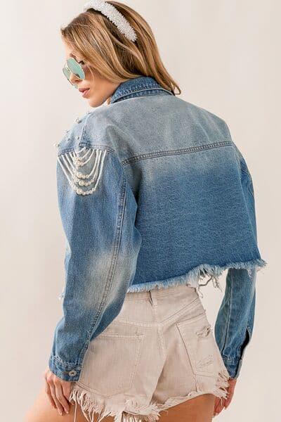 BiBi Pearl Detail Distressed Cropped Denim Jacket - SwagglyLife Home & Fashion