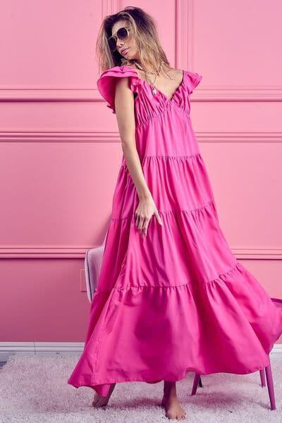 BiBi Tiered Ruffled Cap Sleeve Maxi Dress - SwagglyLife Home & Fashion