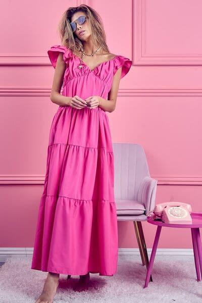 BiBi Tiered Ruffled Cap Sleeve Maxi Dress - SwagglyLife Home & Fashion