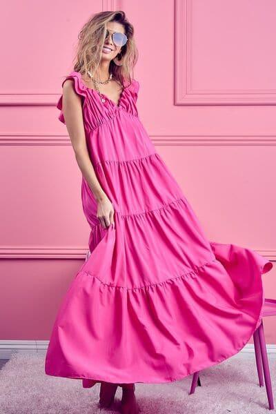 BiBi Tiered Ruffled Cap Sleeve Maxi Dress - SwagglyLife Home & Fashion