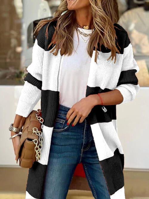 Brooklyn Contrast Open Front Long Sleeve Cardigan - SwagglyLife Home & Fashion