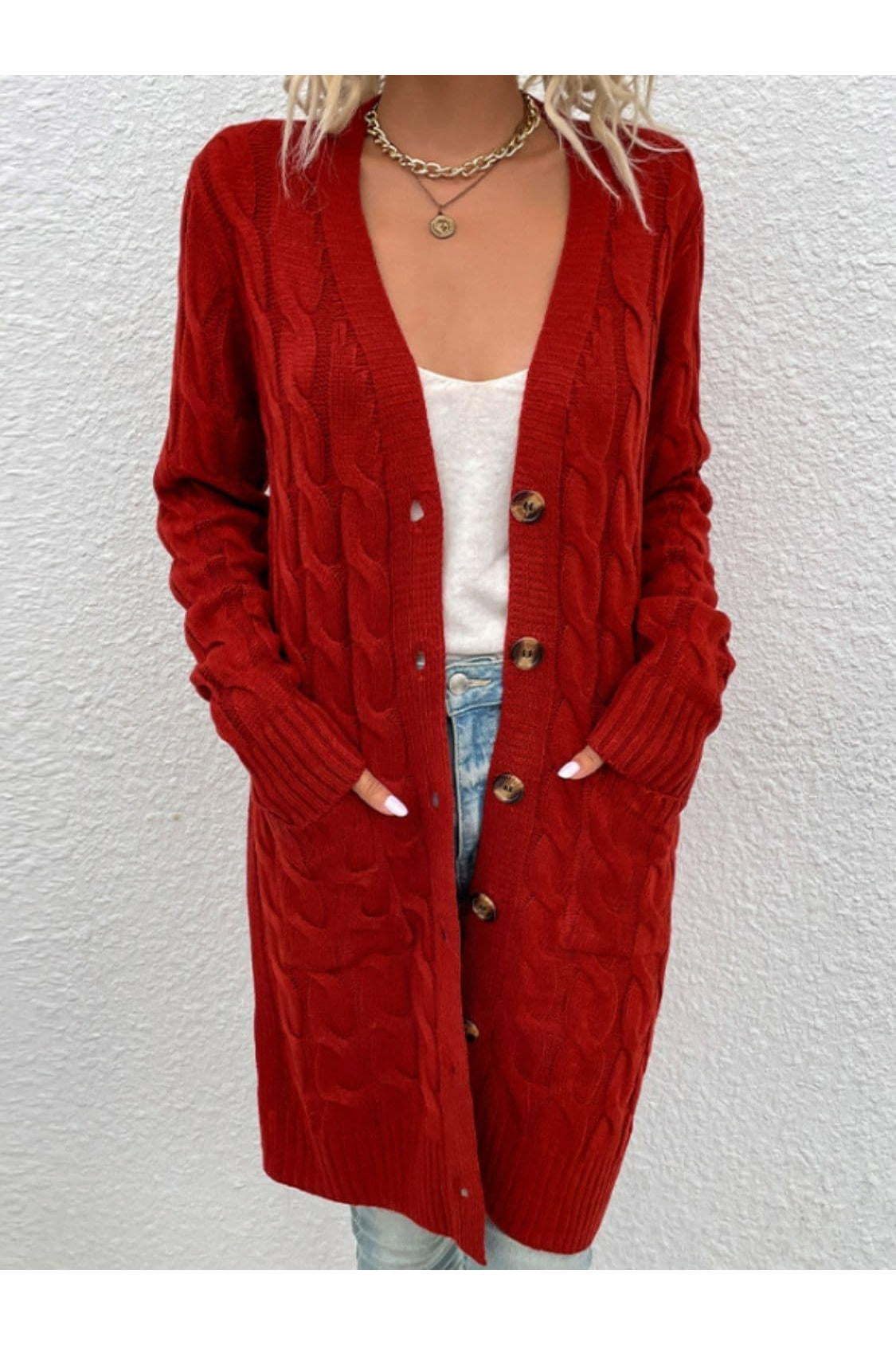 Cable-Knit Button Down Cardigan with Pockets, Multiple Colors - SwagglyLife Home & Fashion