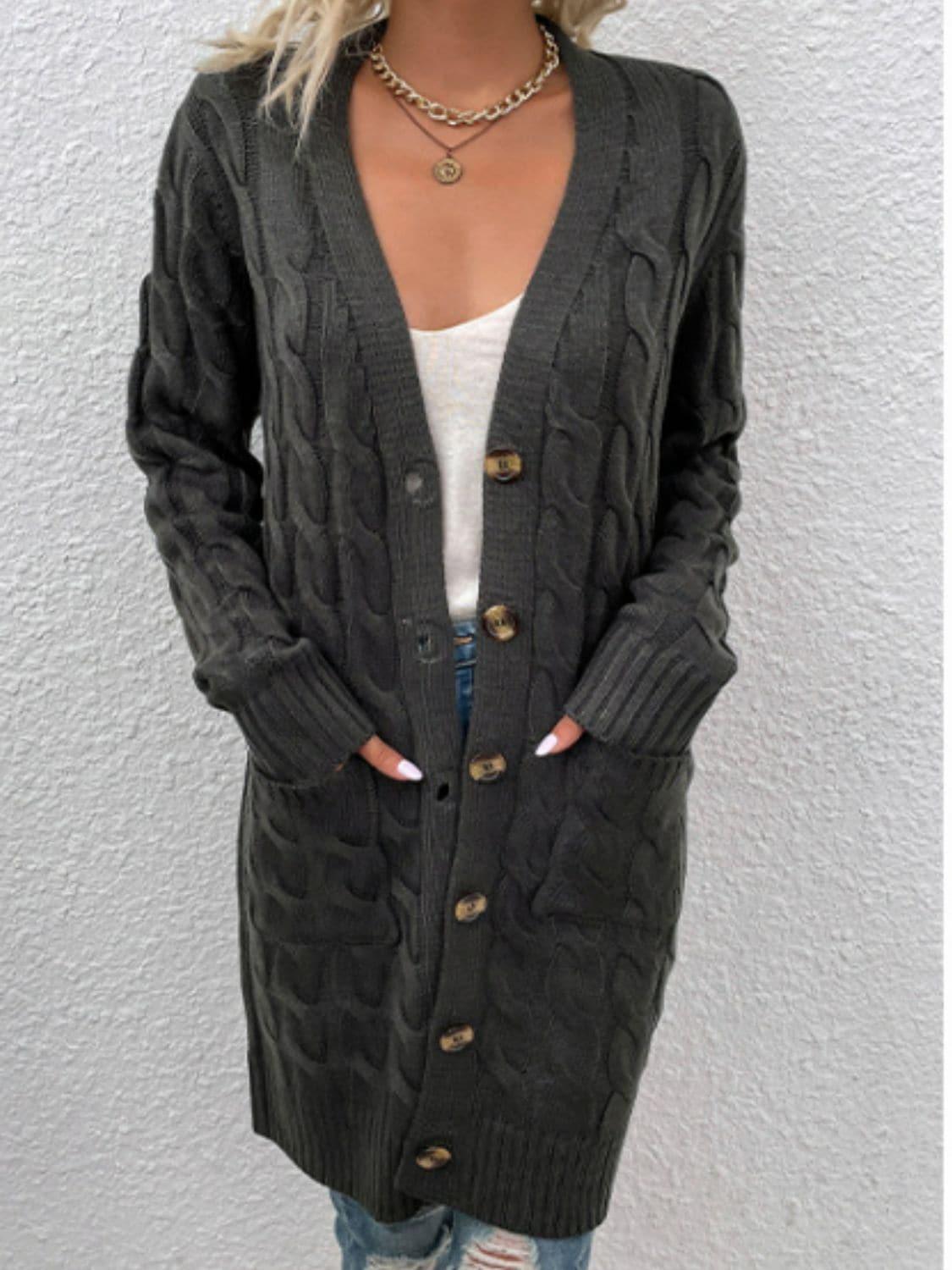 Cable-Knit Button Down Cardigan with Pockets, Multiple Colors - SwagglyLife Home & Fashion