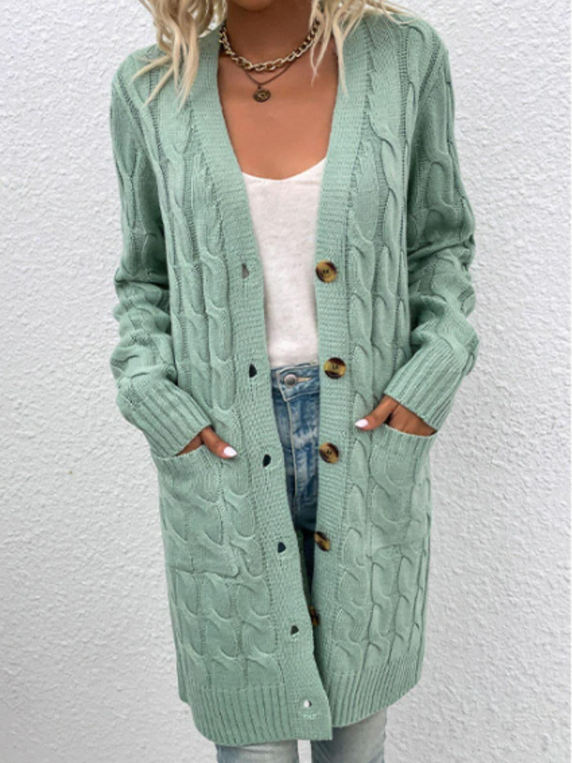 Cable-Knit Button Down Cardigan with Pockets, Multiple Colors - SwagglyLife Home & Fashion