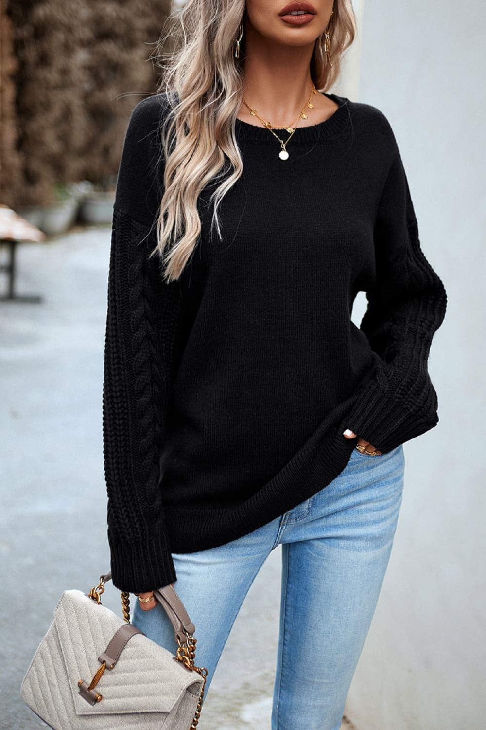 Cable-Knit Round Neck Drop Shoulder Sweater, 4 Colors - SwagglyLife Home & Fashion