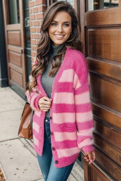 Callie Striped Button Up Fuzzy Cardigan with Pockets - SwagglyLife Home & Fashion