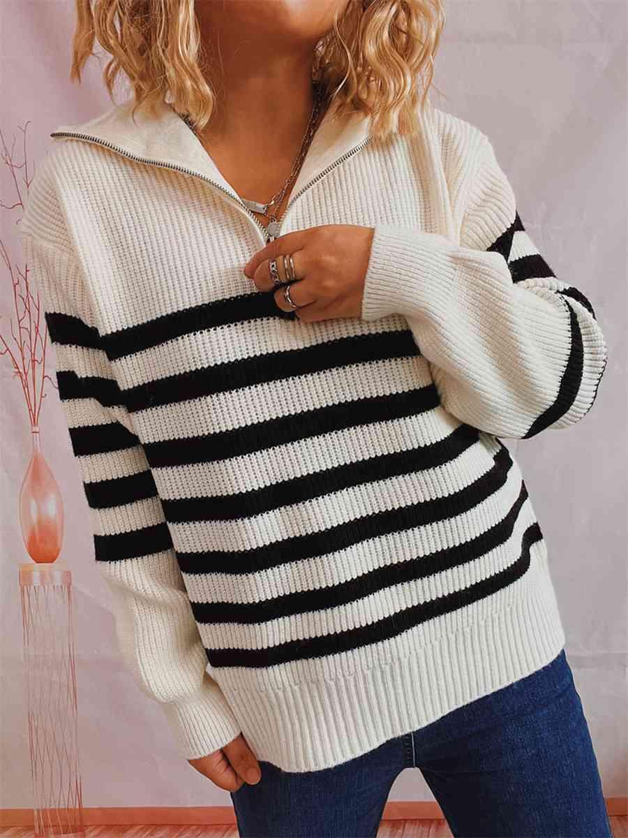 Camila Striped Half Zip Collared Sweater - SwagglyLife Home & Fashion