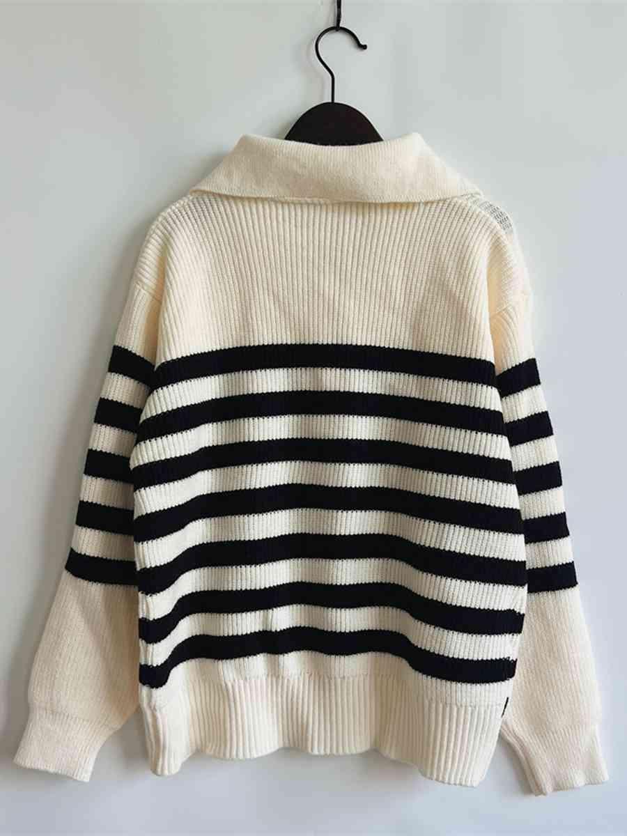 Camila Striped Half Zip Collared Sweater - SwagglyLife Home & Fashion