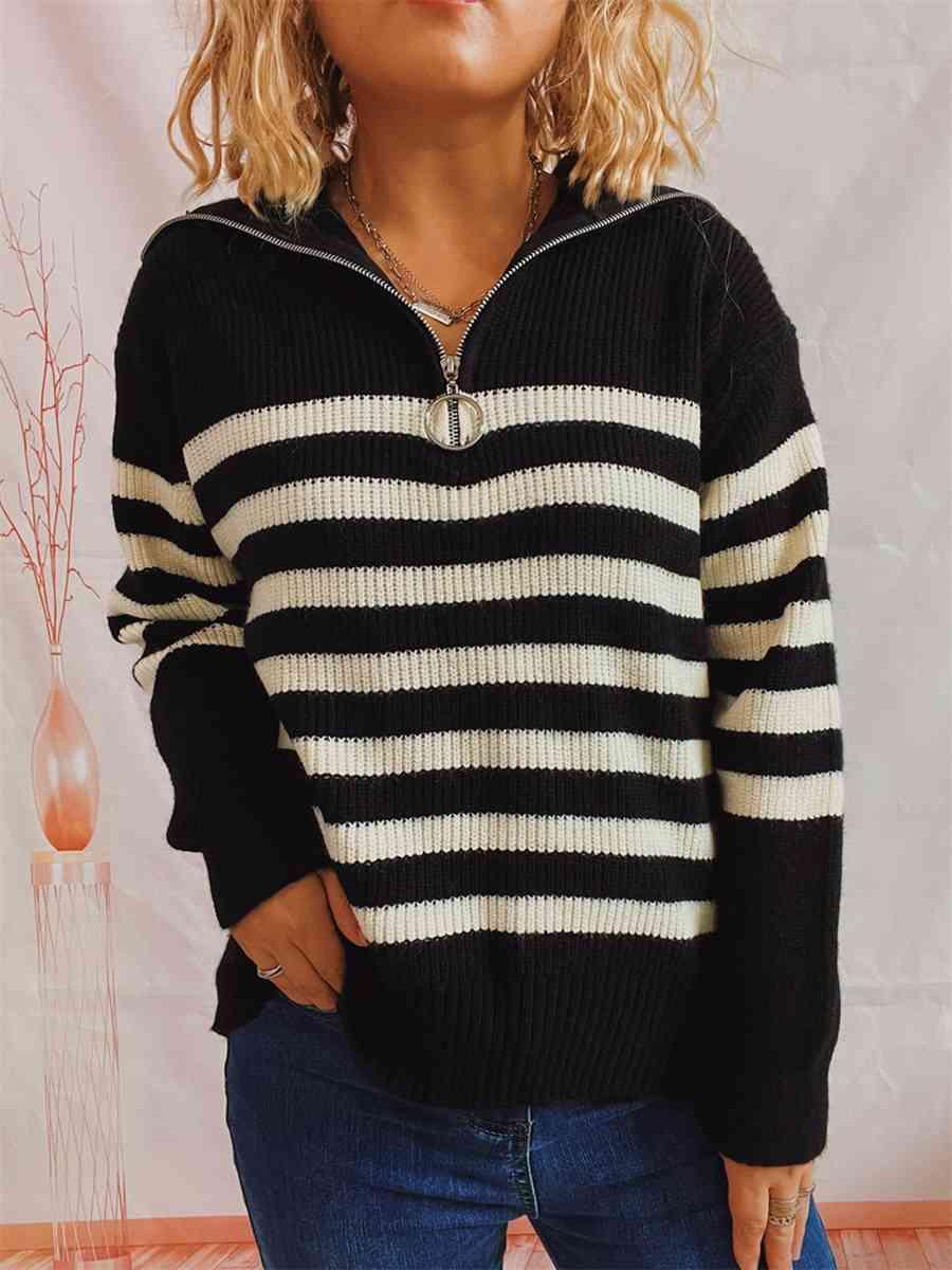 Camila Striped Half Zip Collared Sweater - SwagglyLife Home & Fashion